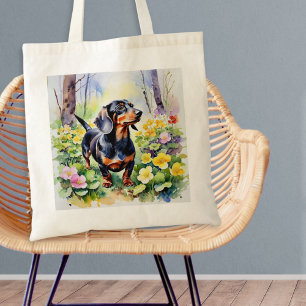 Dachshund Korv Hund Vildprimula Blommor Tygkasse