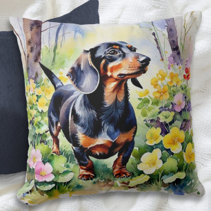 Dachshund Korvhund Vilda Blommor Akvarell Kudde