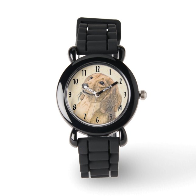 Dachshund (långhårig) målning - Original konst av  Armbandsur (Framsida)
