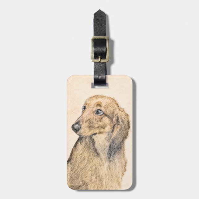 Dachshund (långhårig) målning - Original konst av  Bagagebricka (Vertikal Framsida)