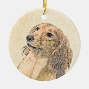 Dachshund (långhårig) målning - Original konst med Julgransprydnad Keramik