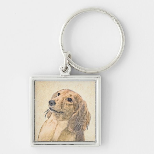 Dachshund (Långhårig) - Original Hund Art Fyrkantig Silverfärgad Nyckelring (Framsidan)