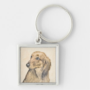 Dachshund (Långhårig) - Original Hund Art Fyrkantig Silverfärgad Nyckelring