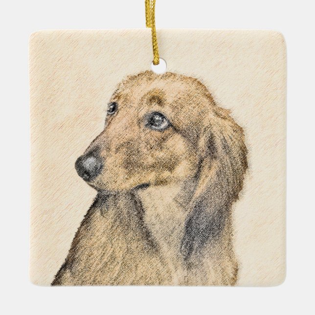 Dachshund (Långhårig) - Original Hund Art Julgransprydnad Keramik (Framsida)