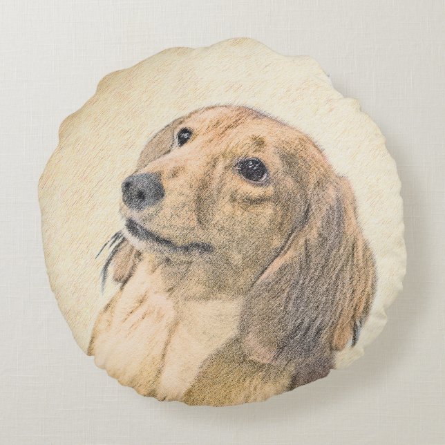 Dachshund (Långhårig) - Original Hund Art Rund Kudde (Baksidan)