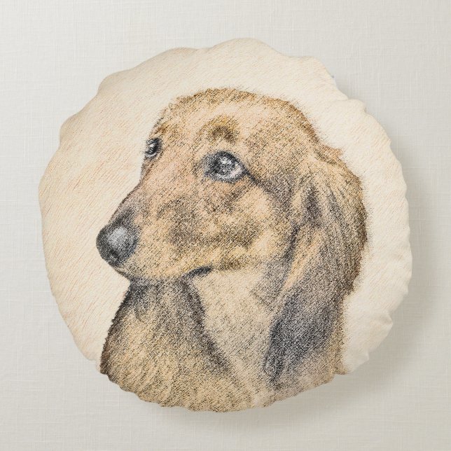 Dachshund (Långhårig) - Original Hund Art Rund Kudde (Baksidan)