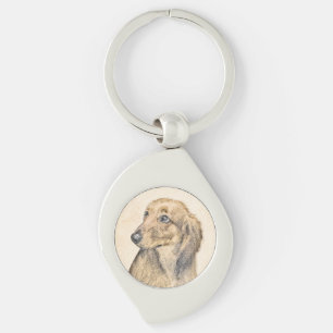 Dachshund (Långhårig) - Original Hund Art Swirl Silverfärgad Nyckelring