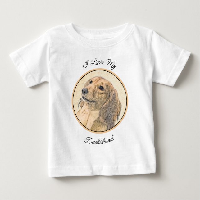Dachshund (Långhårig) - Original Hund Art T Shirt (Framsida)