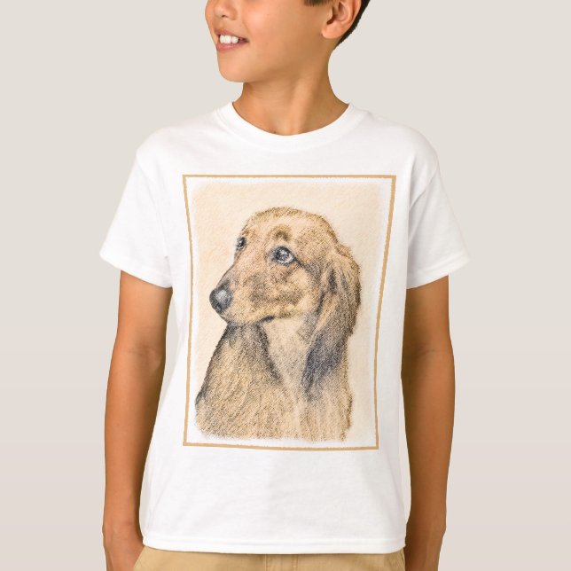 Dachshund (Långhårig) - Original Hund Art T Shirt (Framsida)