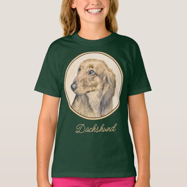 Dachshund (Långhårig) - Original Hund Art T Shirt (Framsida)