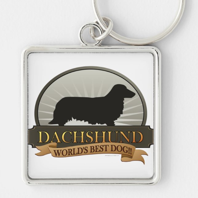 Dachshund [Långstyrd] Fyrkantig Silverfärgad Nyckelring (Framsidan)