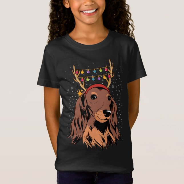 Dachshund Long Hair Reindeer Julgran Ljus T Shirt (Framsida)