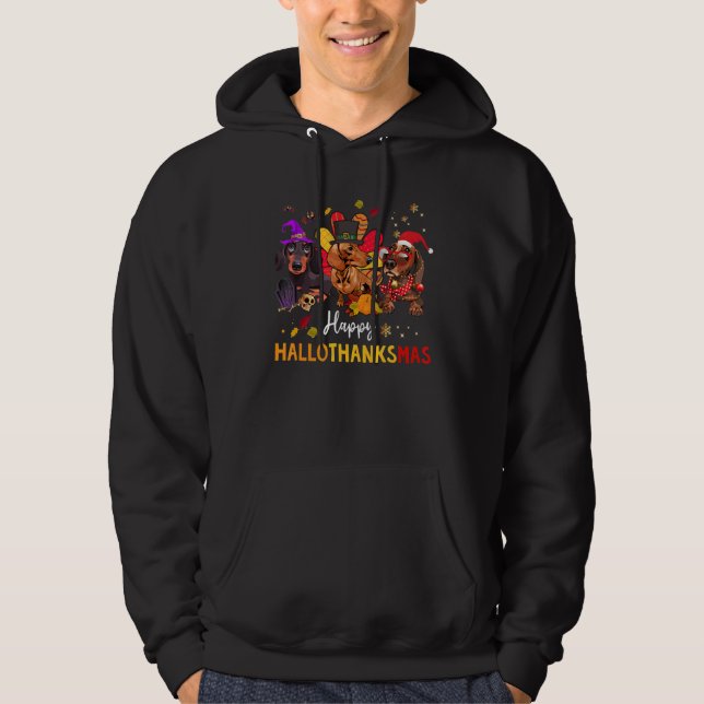 Dachshund Lycklig Hallothanksmas Halloween Thanksg Hoodie (Framsida)