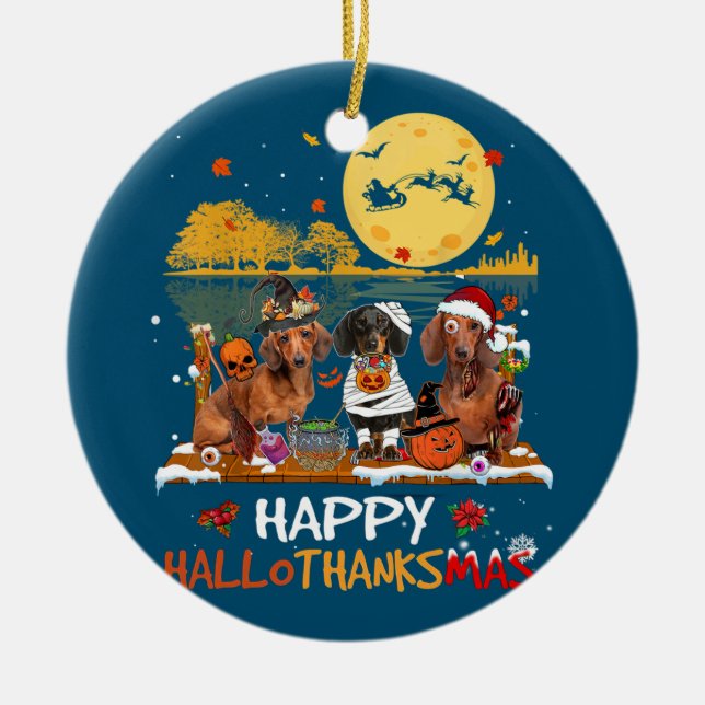 Dachshund Lycklig Hallothanksmas Halloween Thanksg Julgransprydnad Keramik (Framsidan)