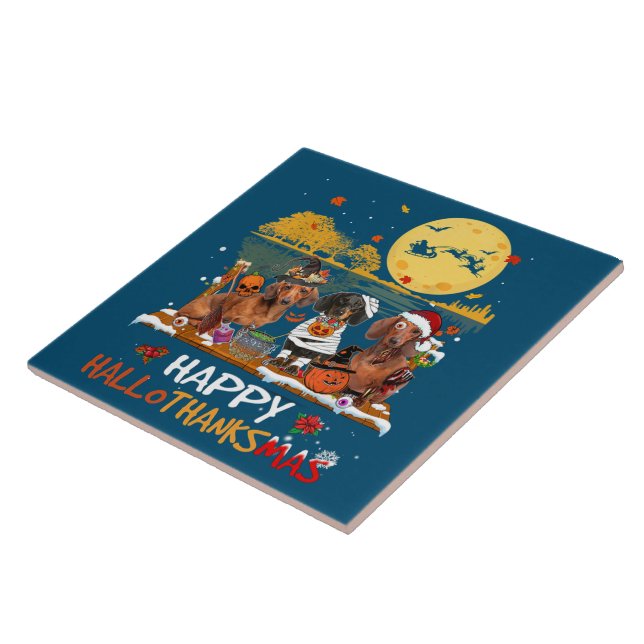 Dachshund Lycklig Hallothanksmas Halloween Thanksg Kakelplatta (Sidan)