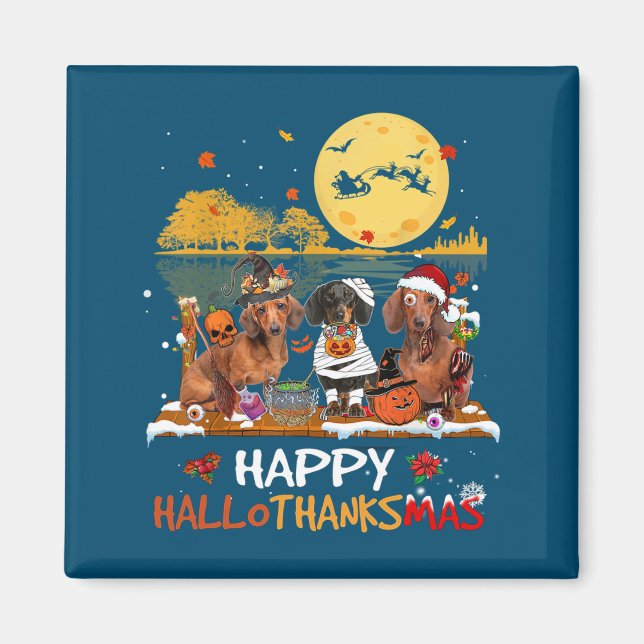 Dachshund Lycklig Hallothanksmas Halloween Thanksg Magnet (Framsidan)
