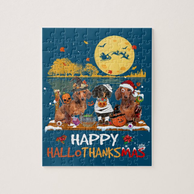 Dachshund Lycklig Hallothanksmas Halloween Thanksg Pussel (Vertikal)