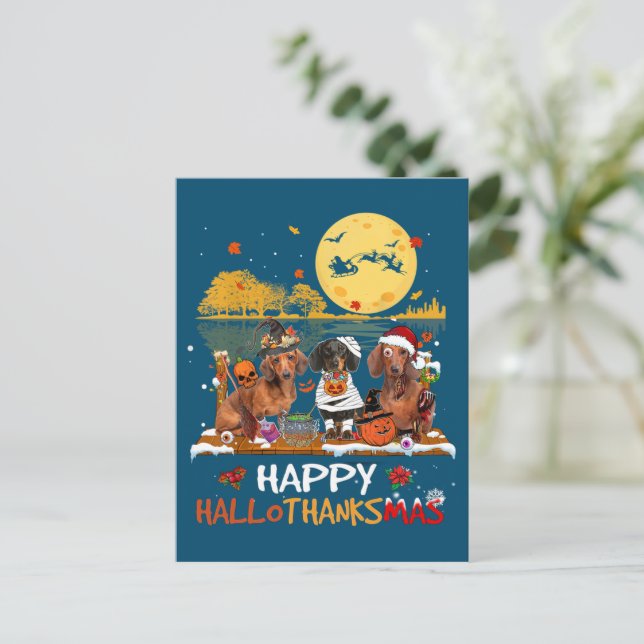 Dachshund Lycklig Hallothanksmas Halloween Thanksg Vykort (Stående Fram)
