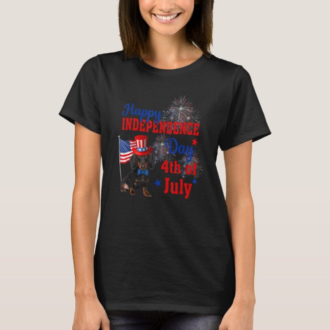 Dachshund Lycklig Independence day 4:e juli Ameri T Shirt (Framsida)