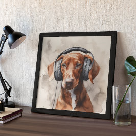 Dachshund lyssnar på hörlurar poster