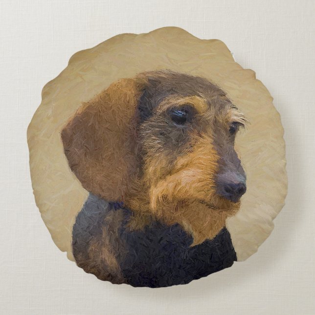 Dachshund-målning Original Hund Art Rund Kudde (Baksidan)