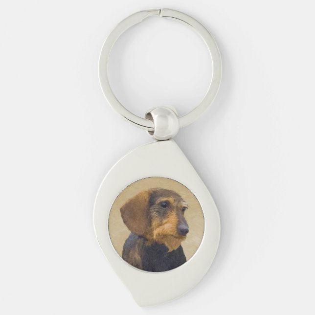 Dachshund-målning Original Hund Art Swirl Silverfärgad Nyckelring (Framsidan)