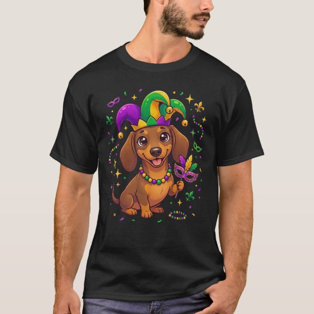 Dachshund Mardi Gras Wiener Dog Fun Party Pajamas T Shirt (Framsida)
