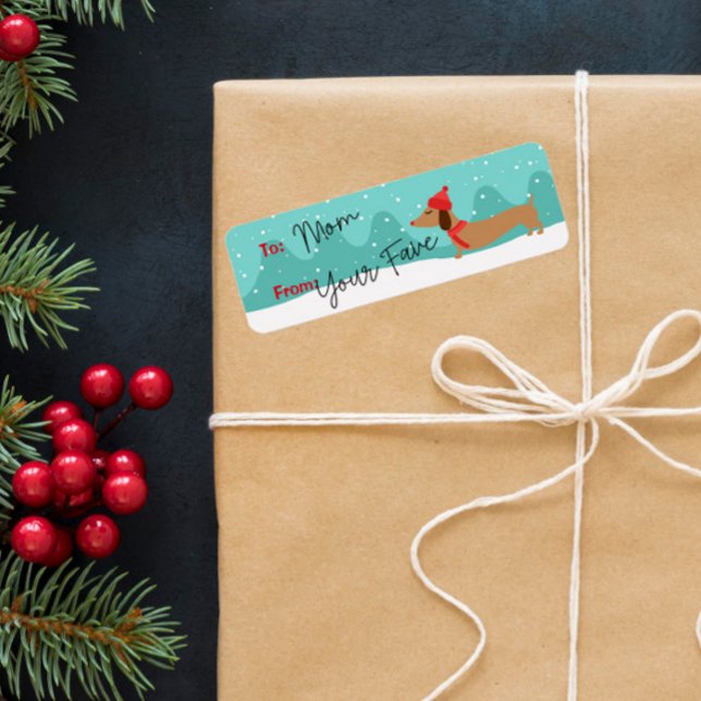 Dachshund-Märkre för juluppvärmning Önskemål Small Returadress Etikett (Dachshund through the snow with our wiener dog gift tags with a wintery / Christmas theme)