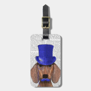 Dachshund med blå Top hat och blå mustache Bagagebricka