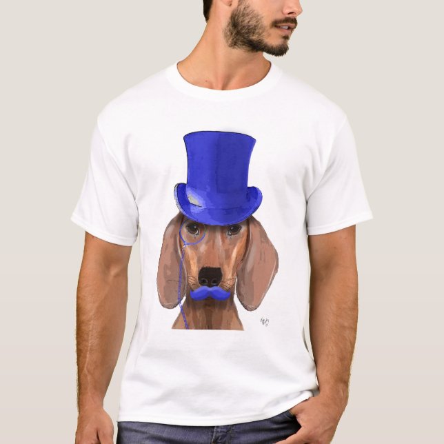 Dachshund med blå Top hat och blå mustache T-shirt (Framsida)