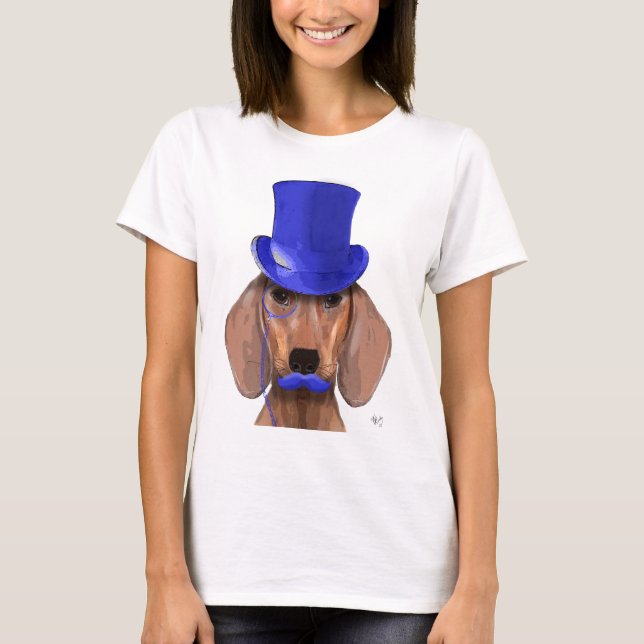 Dachshund med blå Top hat och blå mustache T Shirt (Framsida)
