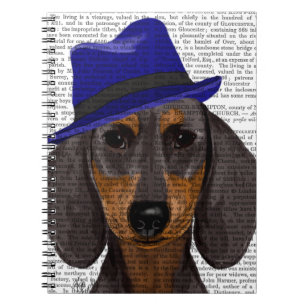 Dachshund med blå trilby anteckningsbok med spiral