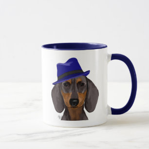 Dachshund med blå trilby mugg