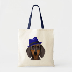 Dachshund med blå trilby tygkasse