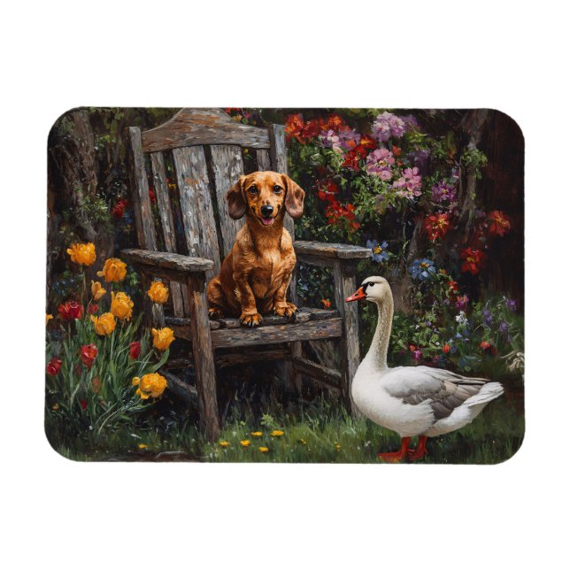 Dachshund med en Goose i en Garden Magnet (Horisontell)