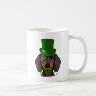 Dachshund med Grönt Top hat Black Tan 2 Kaffemugg