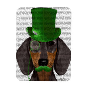 Dachshund med Grönt Top hat Black Tan 2 Magnet