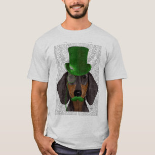 Dachshund med Grönt Top hat Black Tan 2 T Shirt