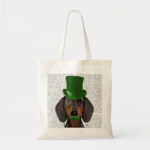 Dachshund med Grönt Top hat Black Tan 2 Tygkasse