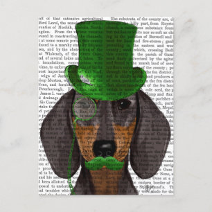 Dachshund med Grönt Top hat Black Tan 2 Vykort