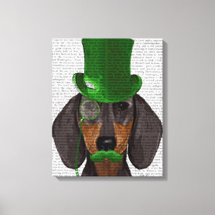Dachshund med Grönt Top hat Black Tan Canvastryck