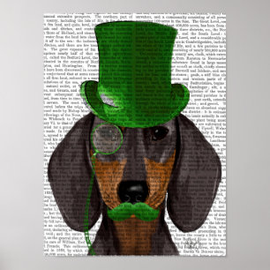 Dachshund med Grönt Top hat Black Tan Poster