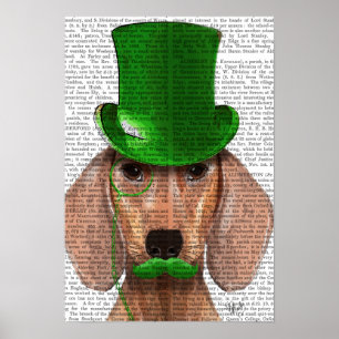 Dachshund med Grönt Top hat och mustache Poster