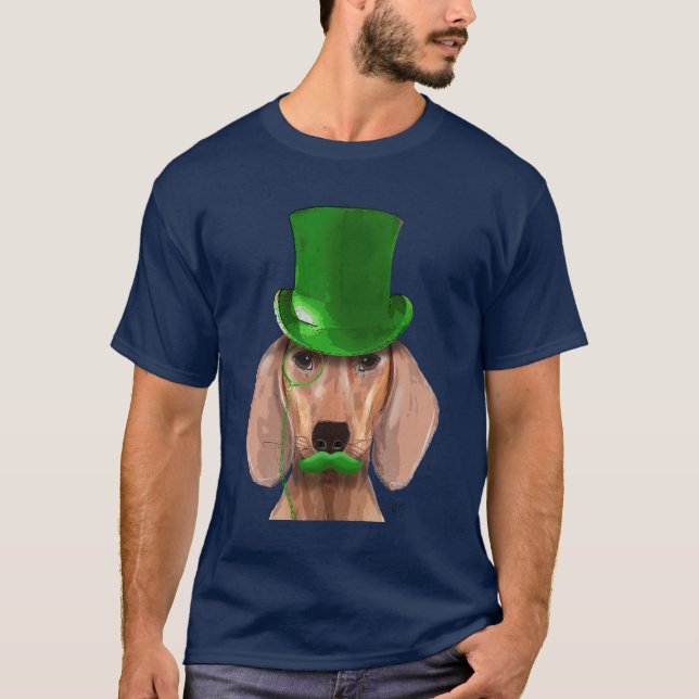 Dachshund med Grönt Top hat och Mustache T-shirt (Framsida)