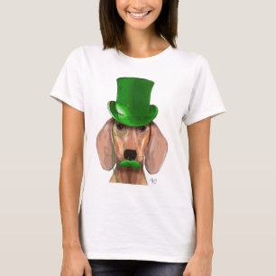 Dachshund med Grönt Top hat och Mustache T Shirt