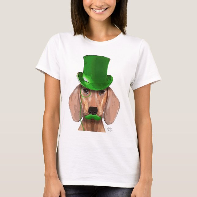 Dachshund med Grönt Top hat och Mustache T Shirt (Framsida)