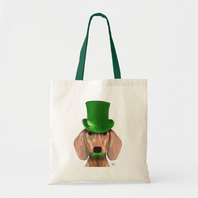 Dachshund med Grönt Top hat och Mustache Tygkasse (Framsidan)