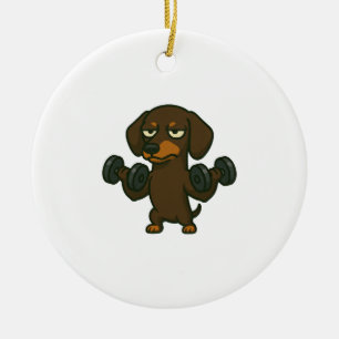 Dachshund med hantel fitness träning biceps wo julgransprydnad keramik
