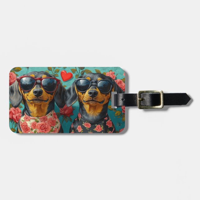 Dachshund med hjärtröda rosor Alla hjärtans dag Bagagebricka (Horisontell Framsida)