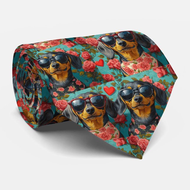 Dachshund med hjärtrusor Alla hjärtans dag Slips (Rullad)